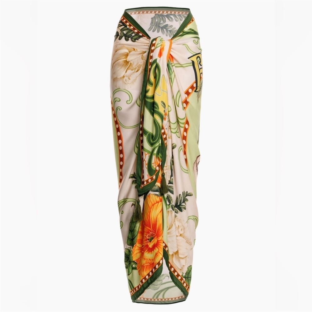 NWT Agua Bendita marine ete scarf Floral Print maxi Sarong Wrap tassel coverup